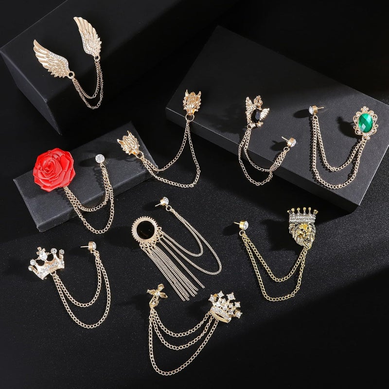 Tornito 9Pcs Tassel Chain Brooch Collar Pins Rose Flower Rhinestone Angel Wings Wolf Head Hanging Chains for Suit Lapel Tuxedo Shirts Tie Hat Scarf Brooch Pin Fashion Jewelry for Men's Accessories - Image 3